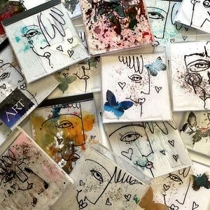 Hand painted Ephemera Pack Art with up-cycled Funky Face cd case, 30+ Pieces